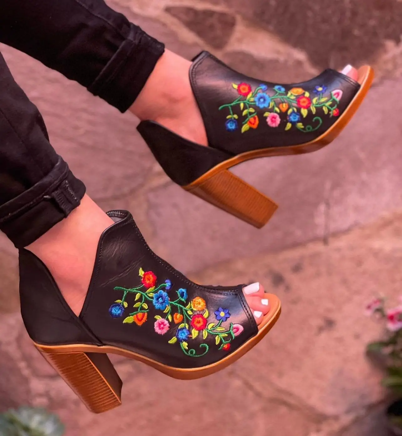 Leather Mexican Embroidery Open Toe Boots Mexican Style