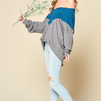 Color Block V Neck Pullover Sweater: Soft Stretchy
