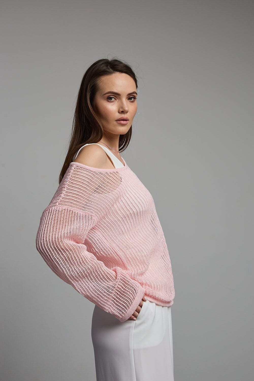 Soft Glossy Sweater Translucent Top Cold Shoulder Long